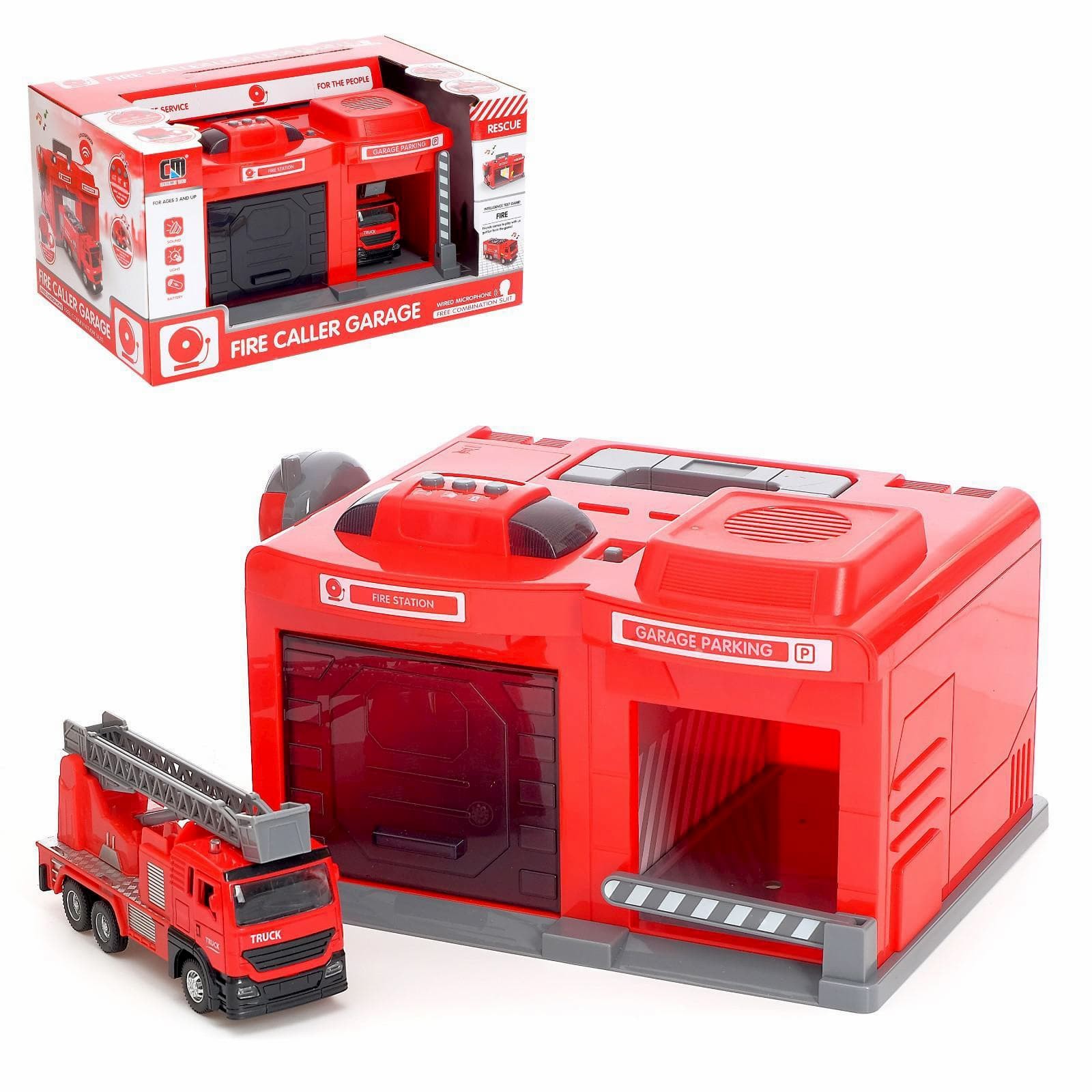 Парковка-Автосервис «Пожарная часть» CLM-551 с машинкой и рацией, световые и звуковые эффекты / Микс