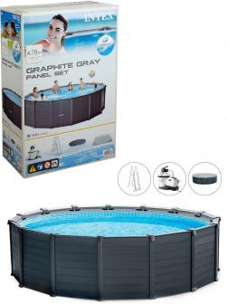 Круглый каркасный бассейн Intex «Graphite Gray Panel Pools» 26384NP 478x124 см., фильтр-насос, лестница, подстилка, тент