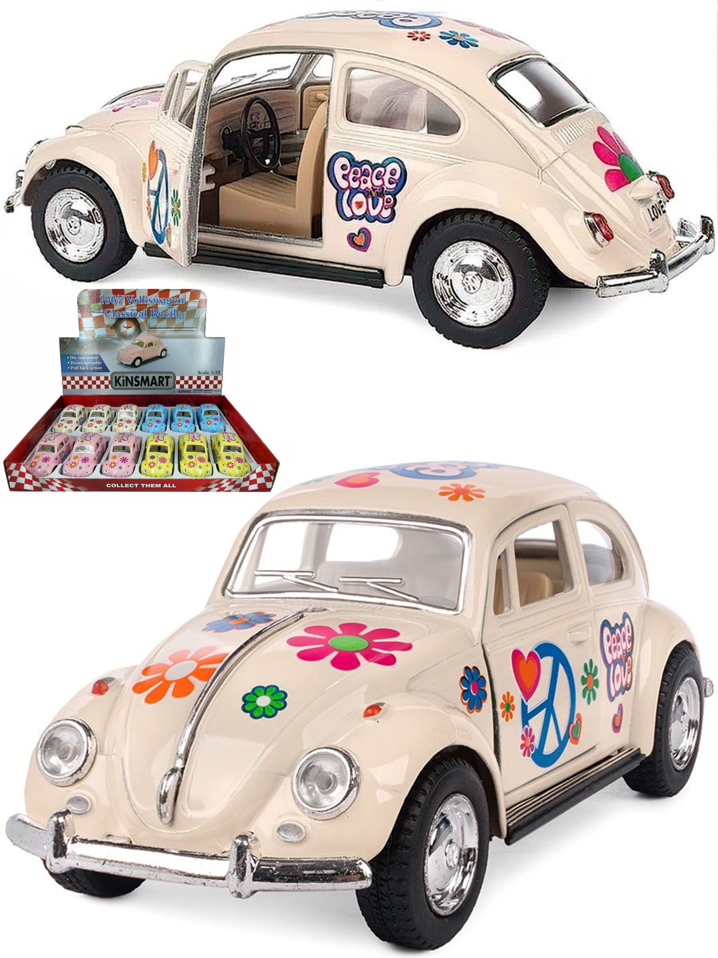 Металлическая машинка Kinsmart 1:32 «1967 Volkswagen Classical Beetle (Пастельные цвета с принтом)» KT5375DF инерционная / Бежевый