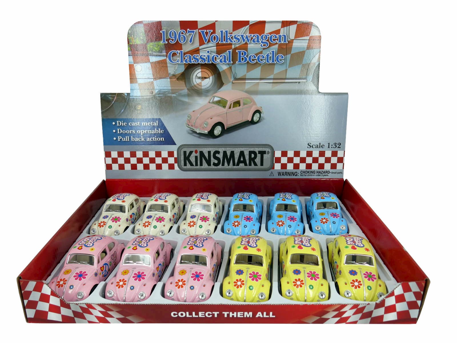 Металлическая машинка Kinsmart 1:32 «1967 Volkswagen Classical Beetle (Пастельные цвета с принтом)» KT5375DF инерционная / Голубой