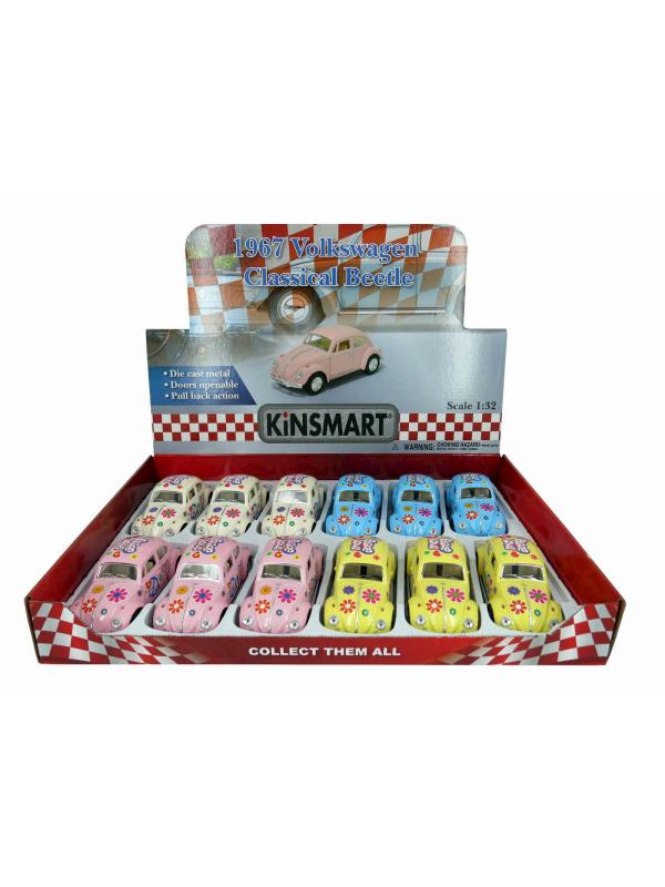 Металлическая машинка Kinsmart 1:32 «1967 Volkswagen Classical Beetle (Пастельные цвета с принтом)» KT5375DF инерционная / Голубой