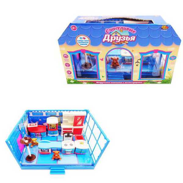 Игровой набор Abtoys Счастливые друзья Модульная комната Кухня с мебелью и фигурками животных, 12 предметов, в коробке