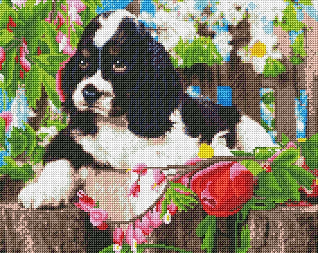 Алмазная мозаика Милая собачка в саду 40х50 см, 27 цв., полн. заполнение, c подр.