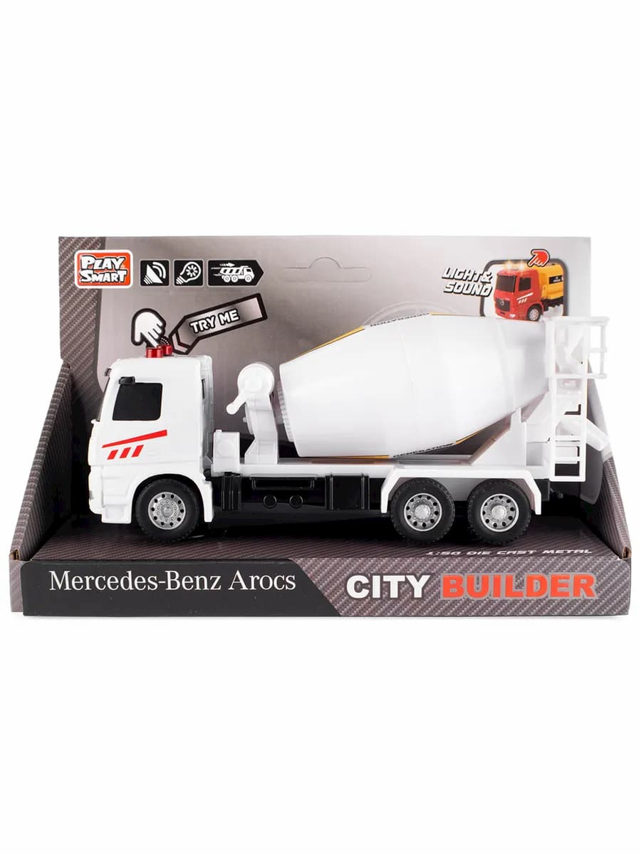 Машина инерционная Play Smart 1:50 «Mercedes-Benz Arocs: Бетономешалка» 6717 Автопарк, свет и звук / Белый