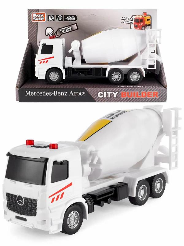 Машина инерционная Play Smart 1:50 «Mercedes-Benz Arocs: Бетономешалка» 6717 Автопарк, свет и звук / Белый