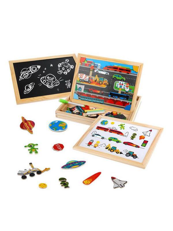 Игровой набор Mapacha Бизи-чемоданчик Транспорт доска для рисования, меловая доска, фигурки на магнитах, 2 игровых фона, инструкция с готовыми играми
