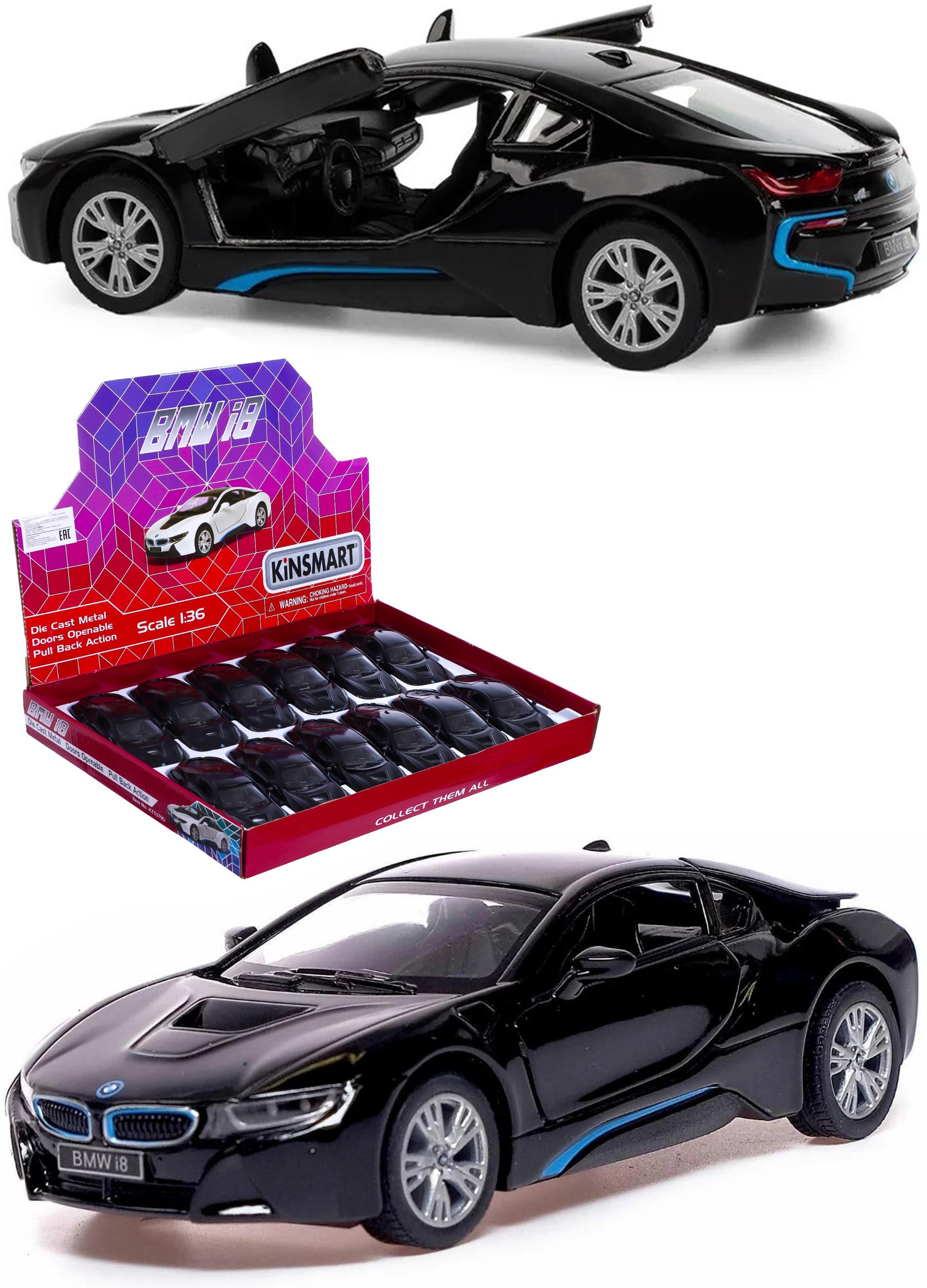 Металлическая машинка Kinsmart 1:36 «BMW i8» KT5379D инерционная / Черный