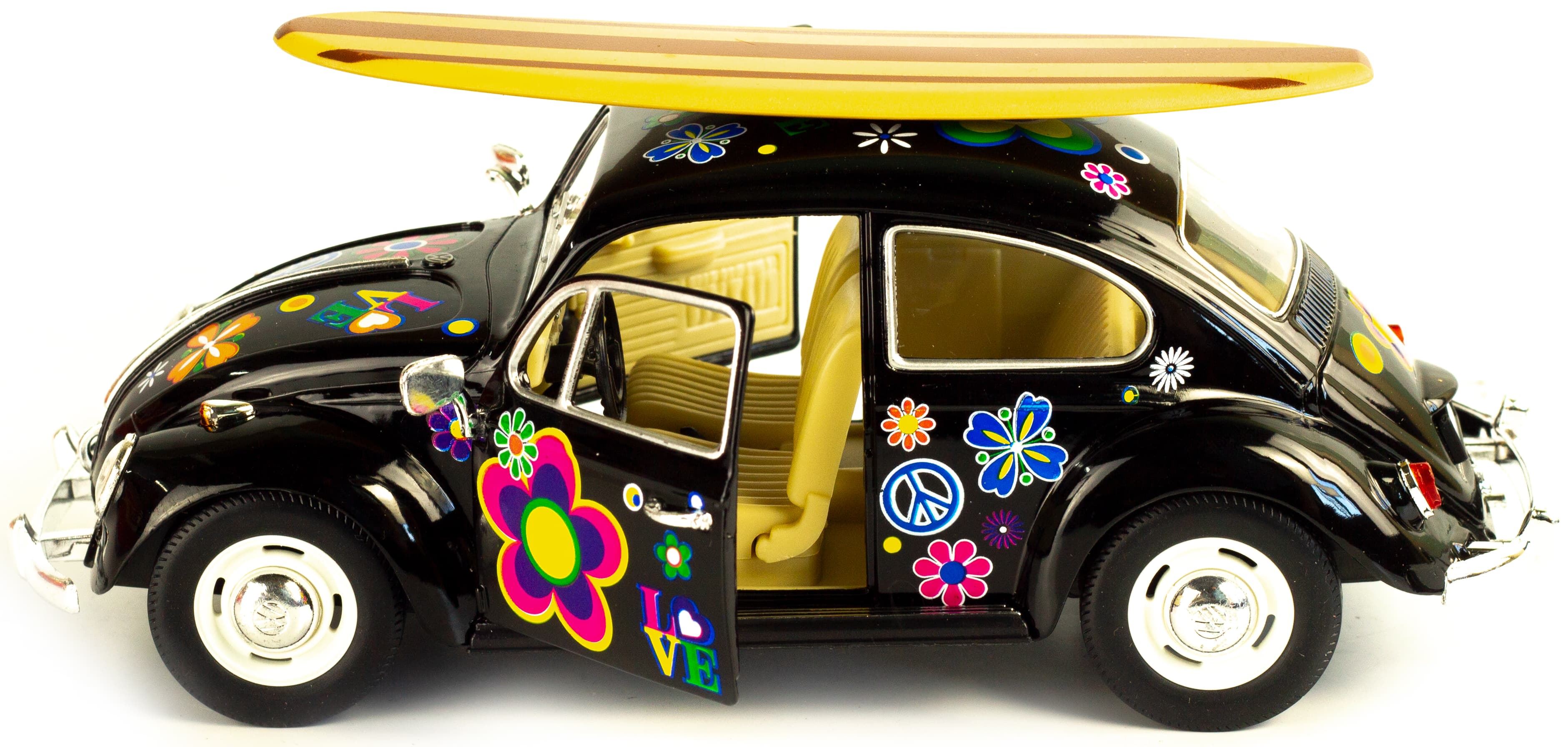 Машинка металлическая Kinsmart 1:24 «1967 Volkswagen Classical Beetle w/ wooden surfboard» KT7002DFS-1, инерционная / Черная