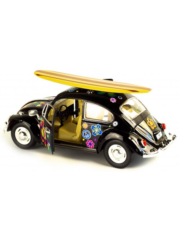 Машинка металлическая Kinsmart 1:24 «1967 Volkswagen Classical Beetle w/ wooden surfboard» KT7002DFS-1, инерционная / Черная