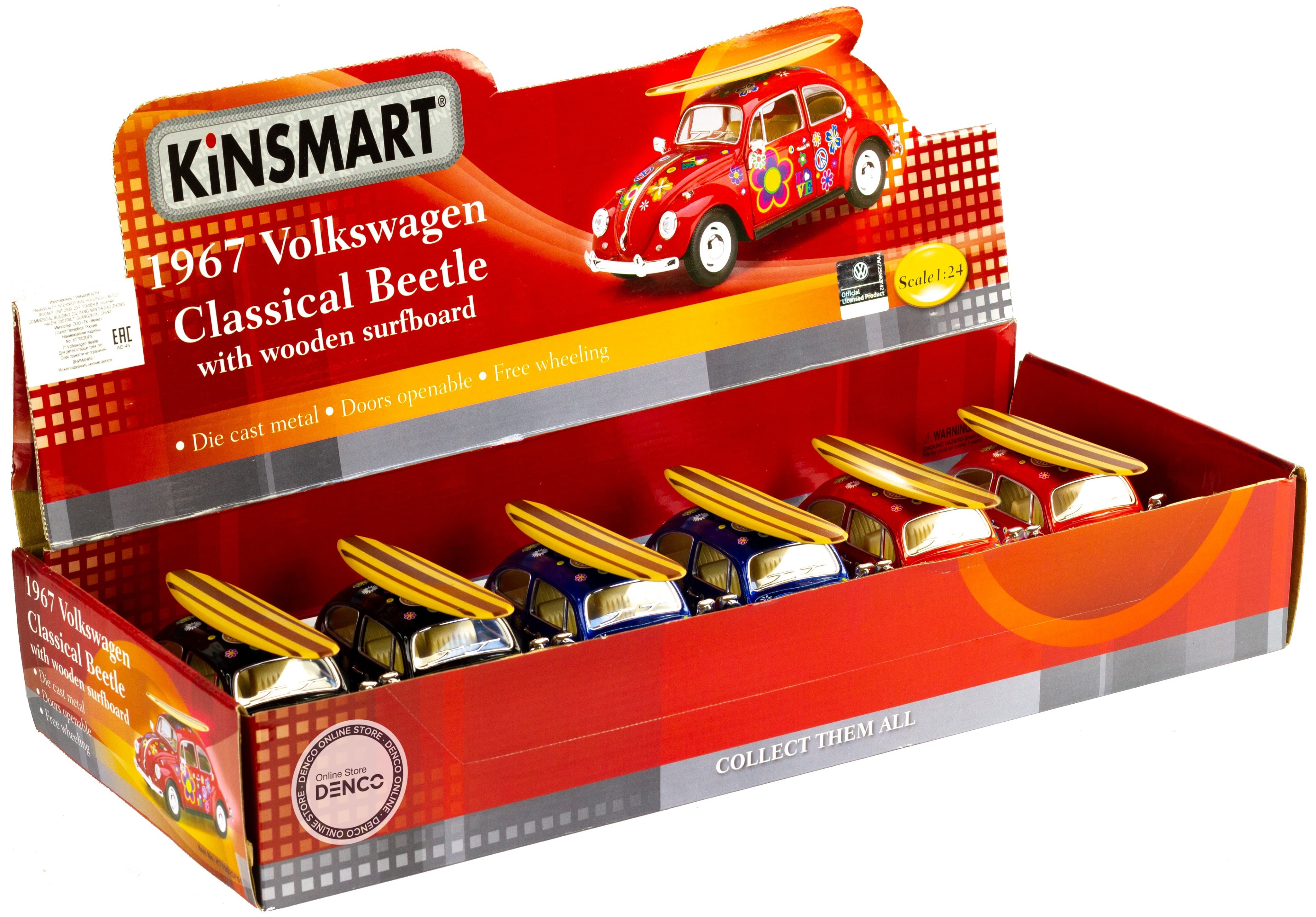 Машинка металлическая Kinsmart 1:24 «1967 Volkswagen Classical Beetle w/ wooden surfboard» KT7002DFS-1, инерционная / Красная