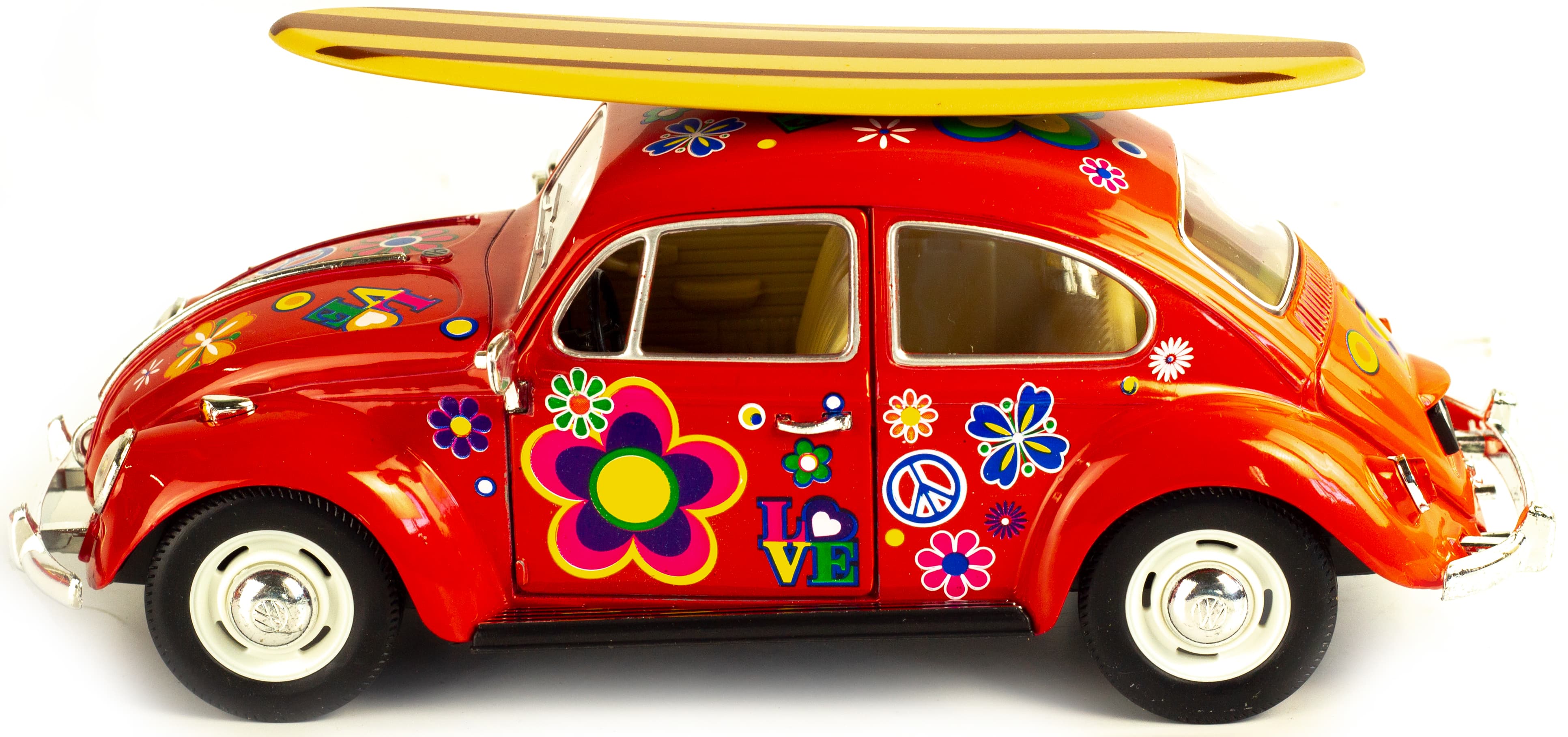 Машинка металлическая Kinsmart 1:24 «1967 Volkswagen Classical Beetle w/ wooden surfboard» KT7002DFS-1, инерционная / Красная