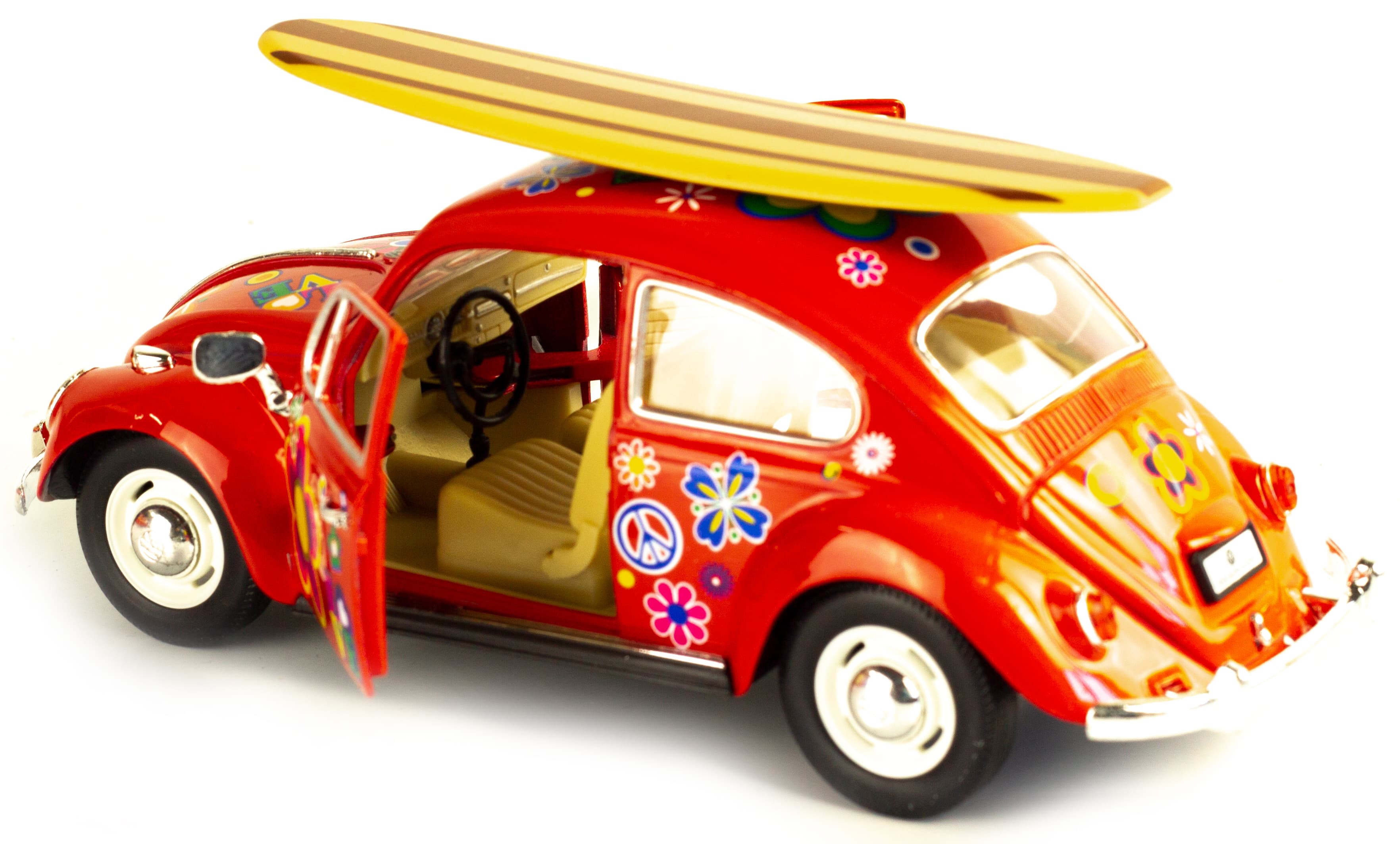 Машинка металлическая Kinsmart 1:24 «1967 Volkswagen Classical Beetle w/ wooden surfboard» KT7002DFS-1, инерционная / Красная