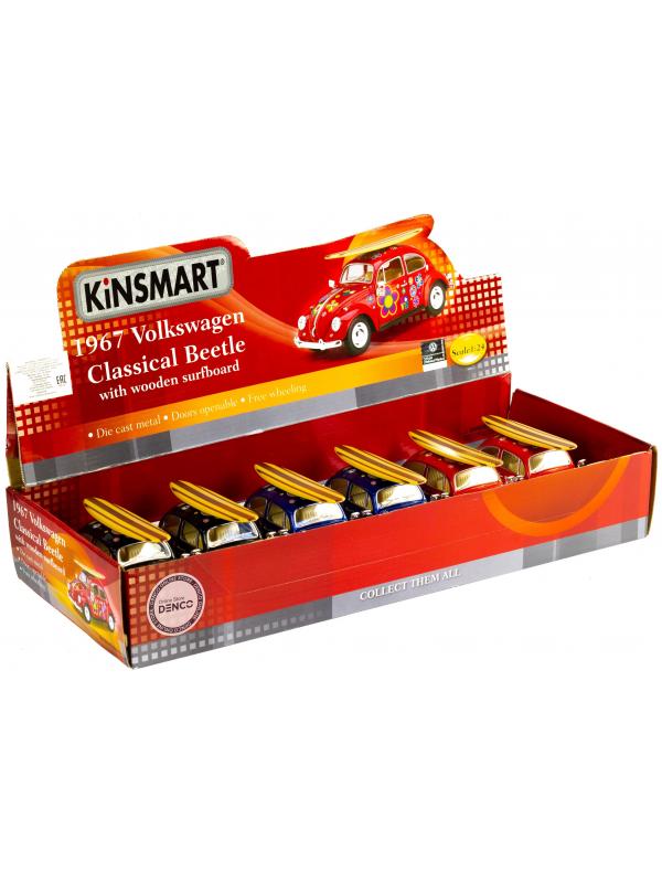 Машинка металлическая Kinsmart 1:24 «1967 Volkswagen Classical Beetle w/ wooden surfboard» KT7002DFS-1, инерционная / Красная