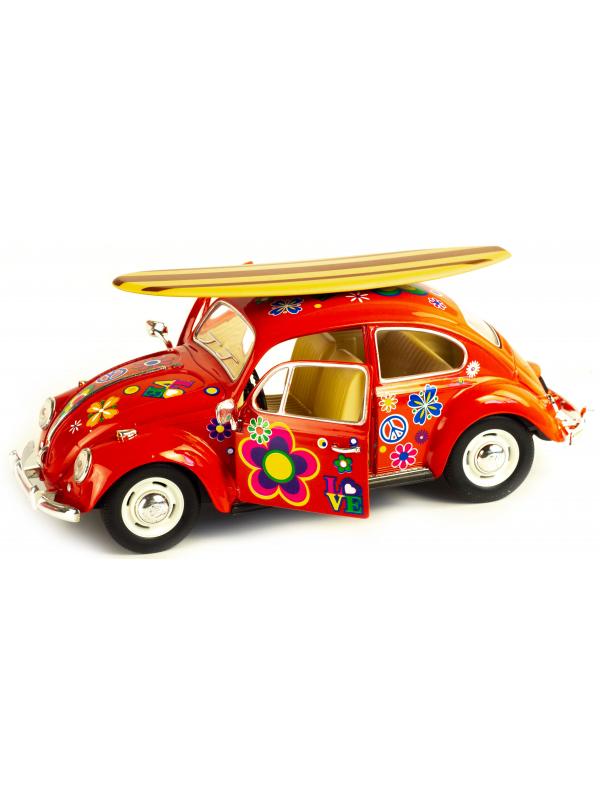 Машинка металлическая Kinsmart 1:24 «1967 Volkswagen Classical Beetle w/ wooden surfboard» KT7002DFS-1, инерционная / Красная
