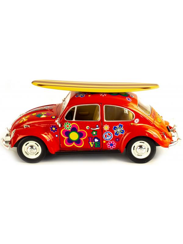 Машинка металлическая Kinsmart 1:24 «1967 Volkswagen Classical Beetle w/ wooden surfboard» KT7002DFS-1, инерционная / Красная