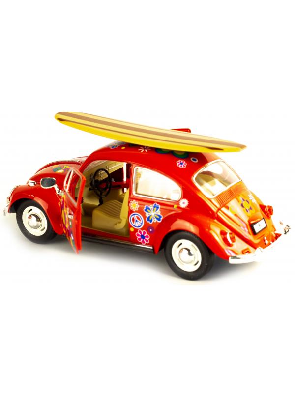 Машинка металлическая Kinsmart 1:24 «1967 Volkswagen Classical Beetle w/ wooden surfboard» KT7002DFS-1, инерционная / Красная