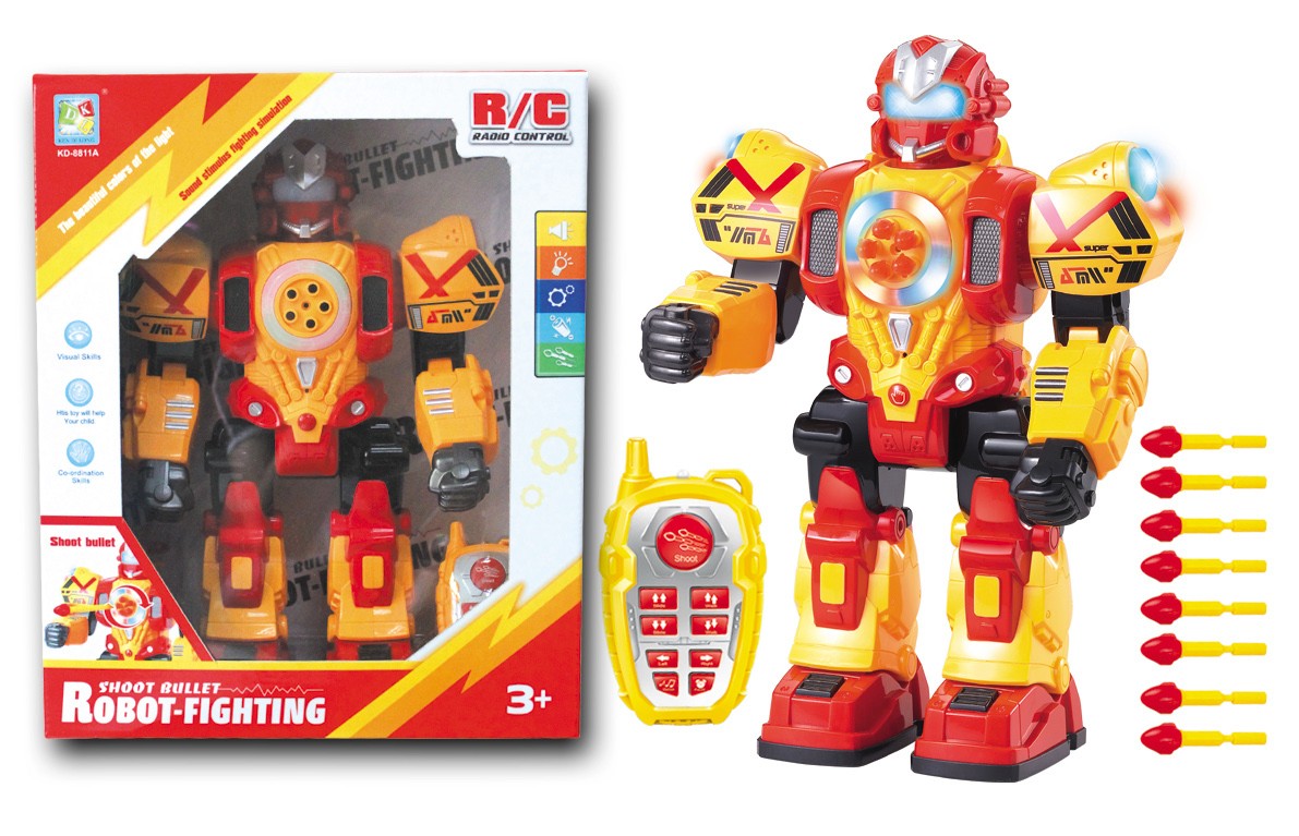 Стреляющий робот Красный на р/у ходит, свет+звук с пультом управления.