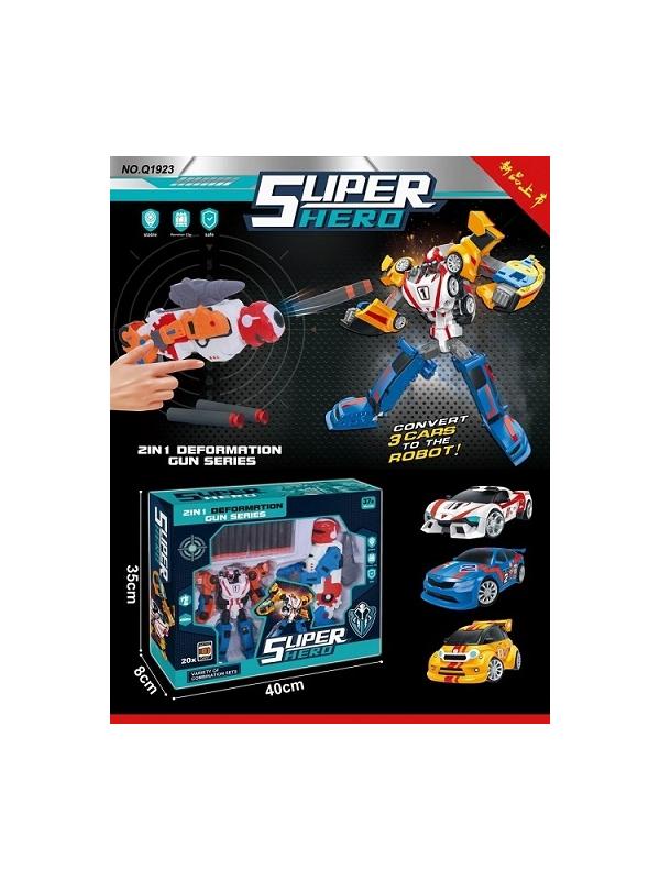 Набор бластер и трансформер из 3 машинок + мягкие пули в коробке 40х8х35 см