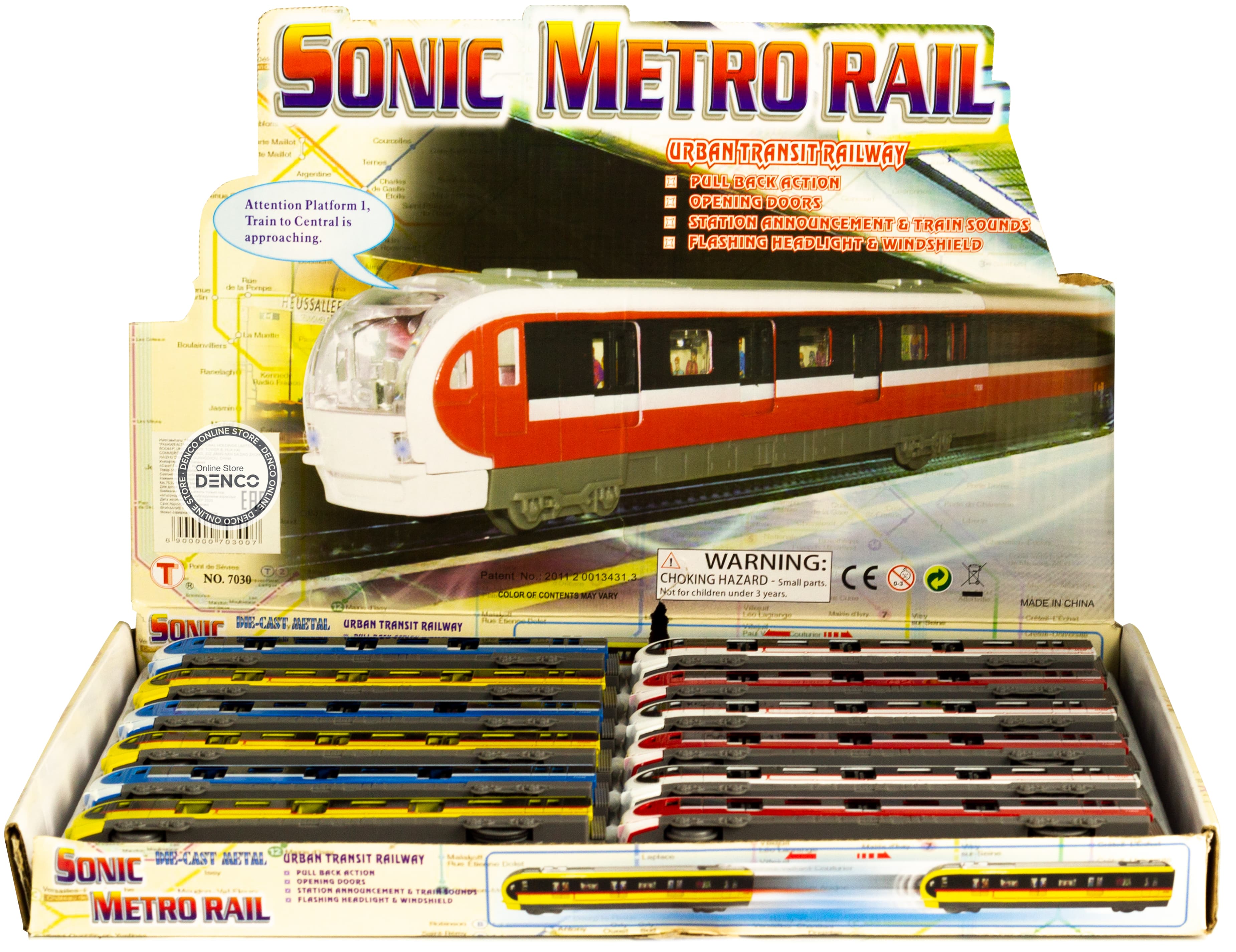 Металлический Метропоезд 1:43 Sonic City Subway 7030, 18,5 см. (открываются двери, звук, свет) / Желтый