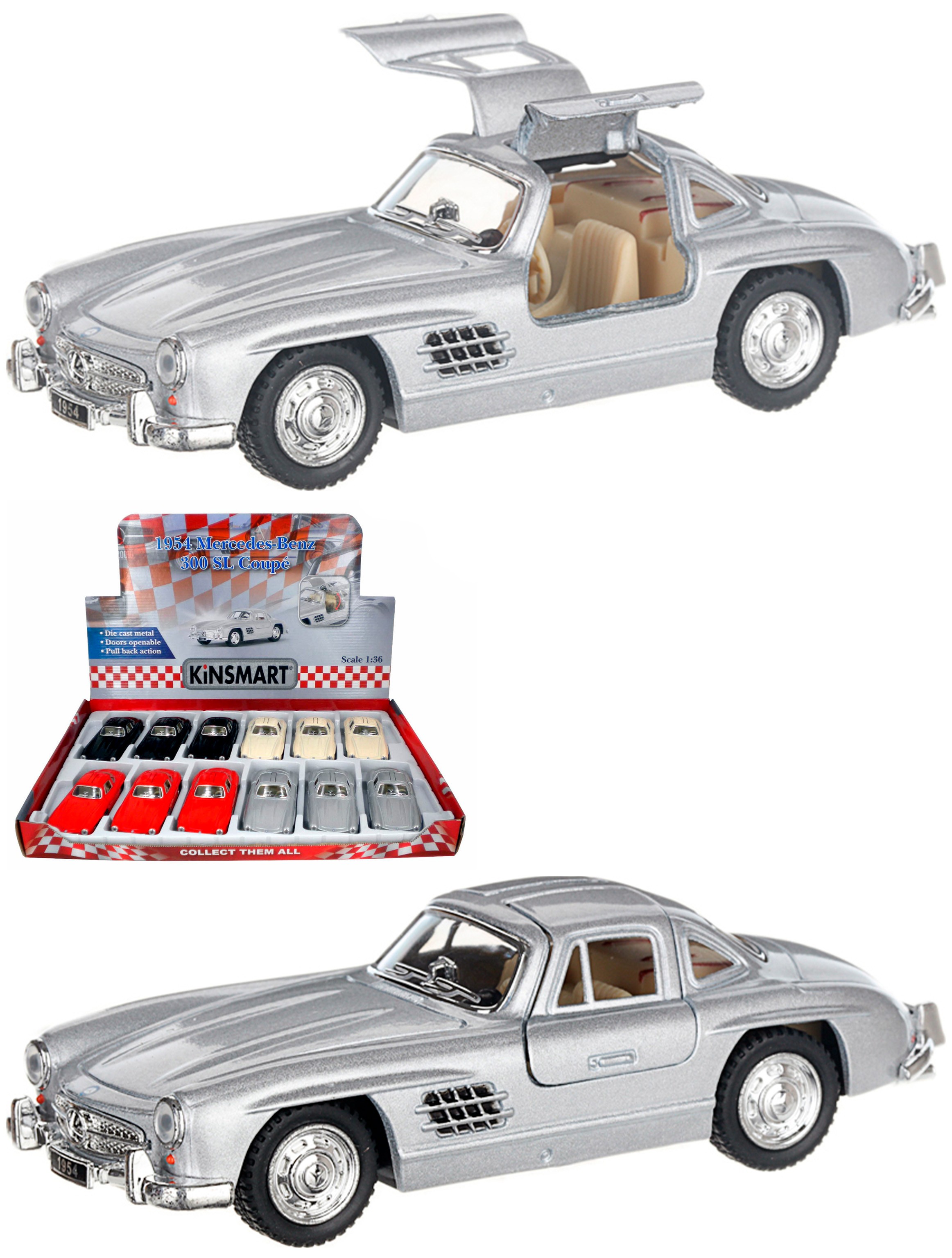 Металлическая машинка Kinsmart 1:36 «1954 Mercedes-Benz 300SL» KT5346D, инерционная / Серебристый