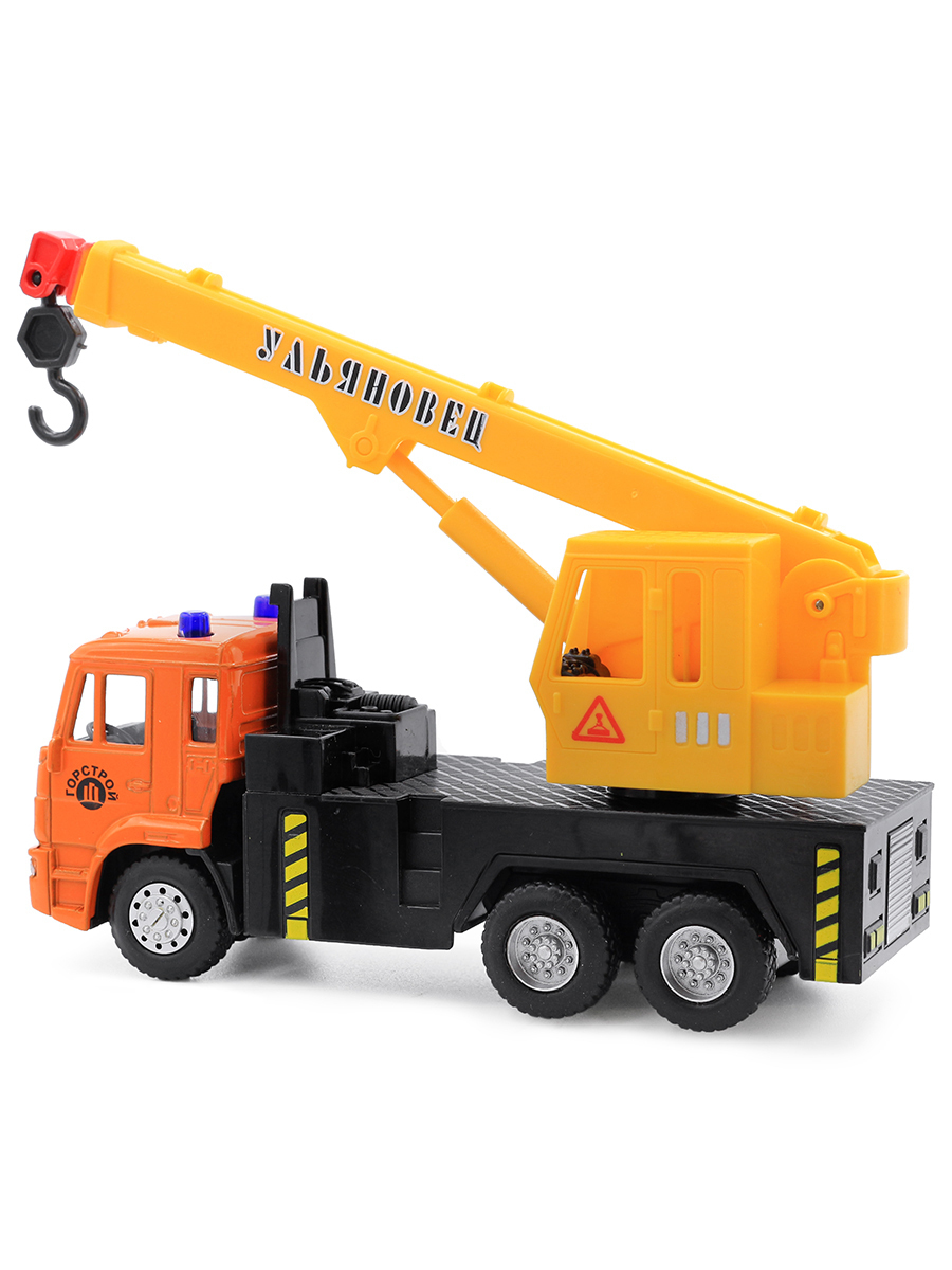 Металлическая машинка Play Smart 1:54 «Автокран Камаз Ульяновец МКТ-50» 15 см. 6510-A Автопарк, инерционный / Оранжево-желтый