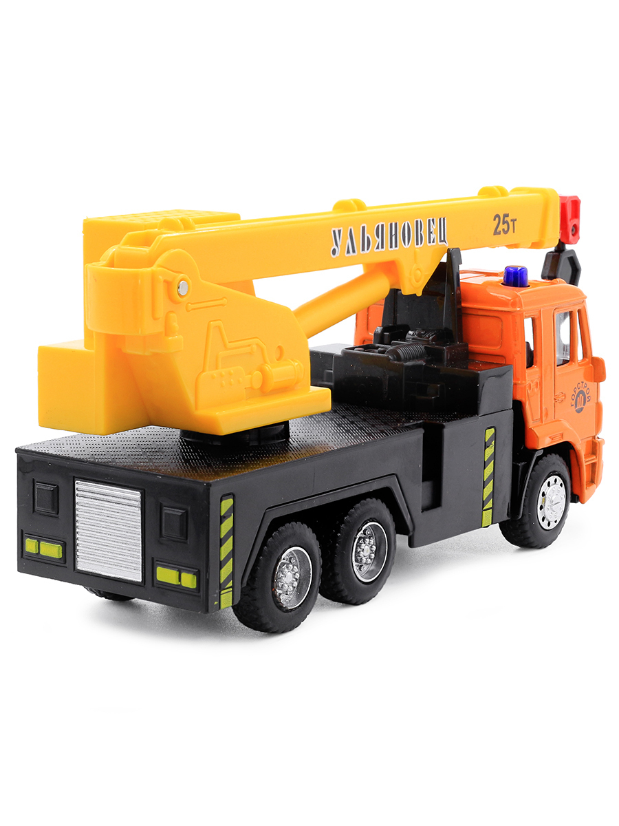Металлическая машинка Play Smart 1:54 «Автокран Камаз Ульяновец МКТ-50» 15 см. 6510-A Автопарк, инерционный / Оранжево-желтый