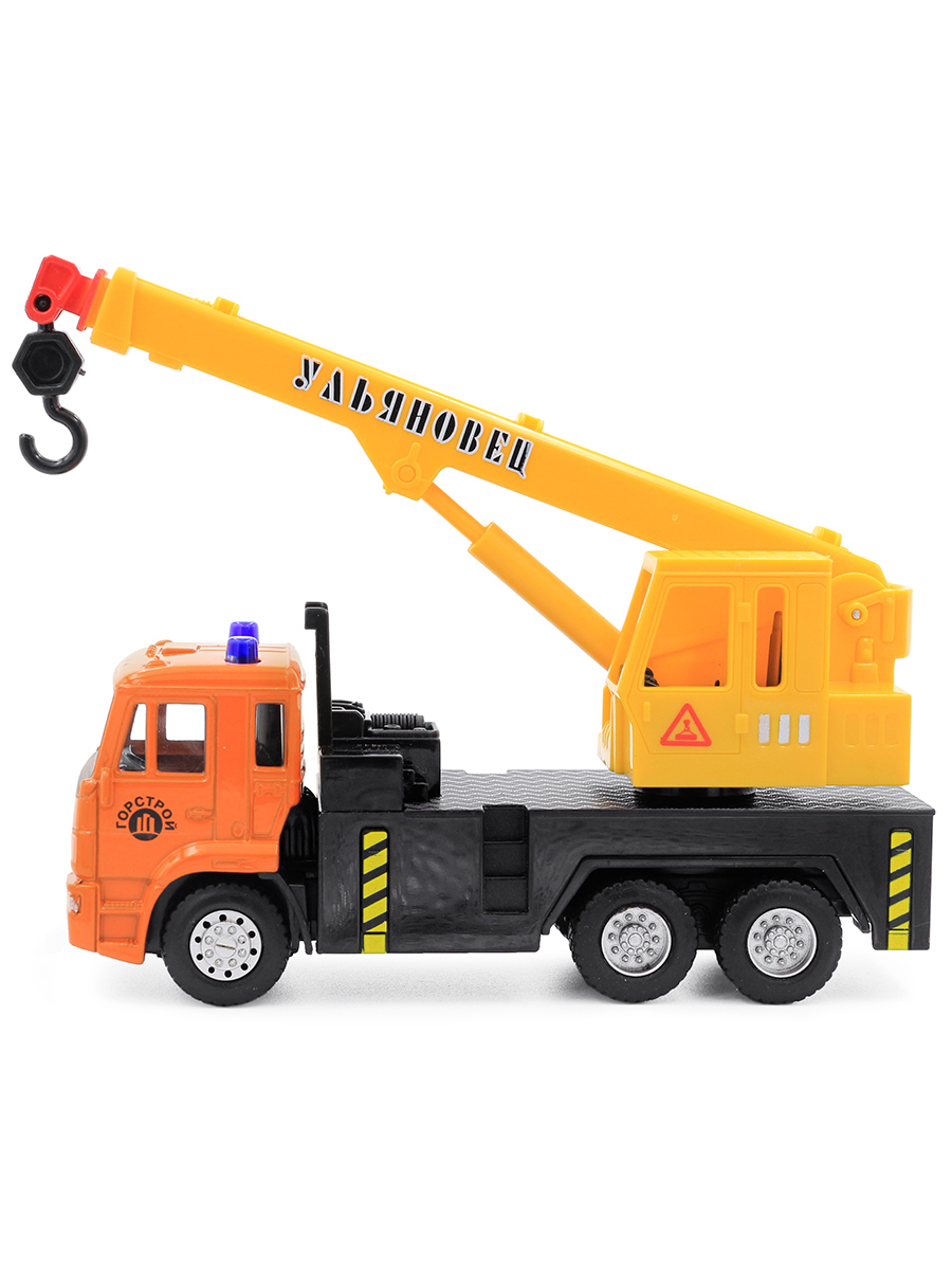Металлическая машинка Play Smart 1:54 «Автокран Камаз Ульяновец МКТ-50» 15 см. 6510-A Автопарк, инерционный / Оранжево-желтый