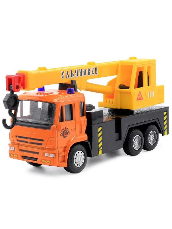 Металлическая машинка Play Smart 1:54 «Автокран Камаз Ульяновец МКТ-50» 15 см. 6510-A Автопарк, инерционный / Оранжево-желтый