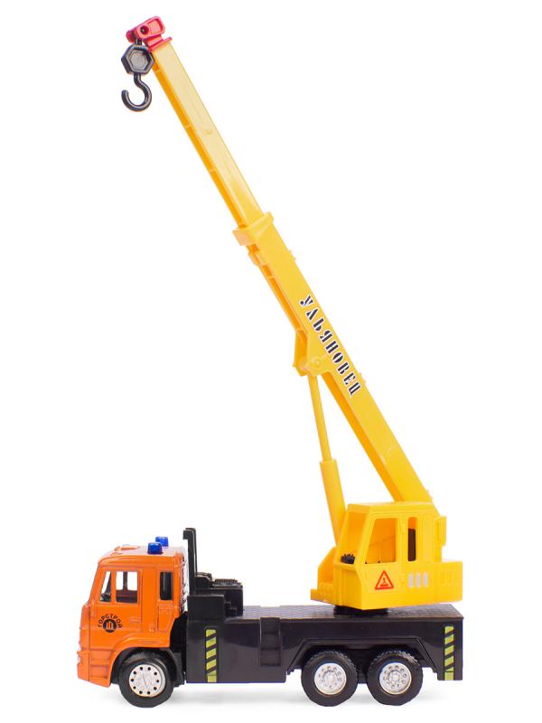 Металлическая машинка Play Smart 1:54 «Автокран Камаз Ульяновец МКТ-50» 15 см. 6510-A Автопарк, инерционный / Оранжево-желтый