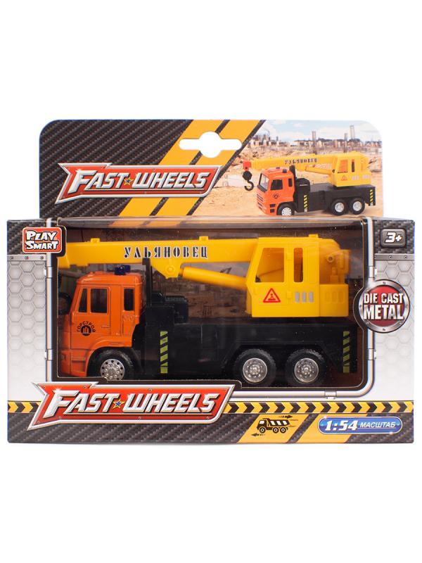 Металлическая машинка Play Smart 1:54 «Автокран Камаз Ульяновец МКТ-50» 15 см. 6510-A Автопарк, инерционный / Оранжево-желтый