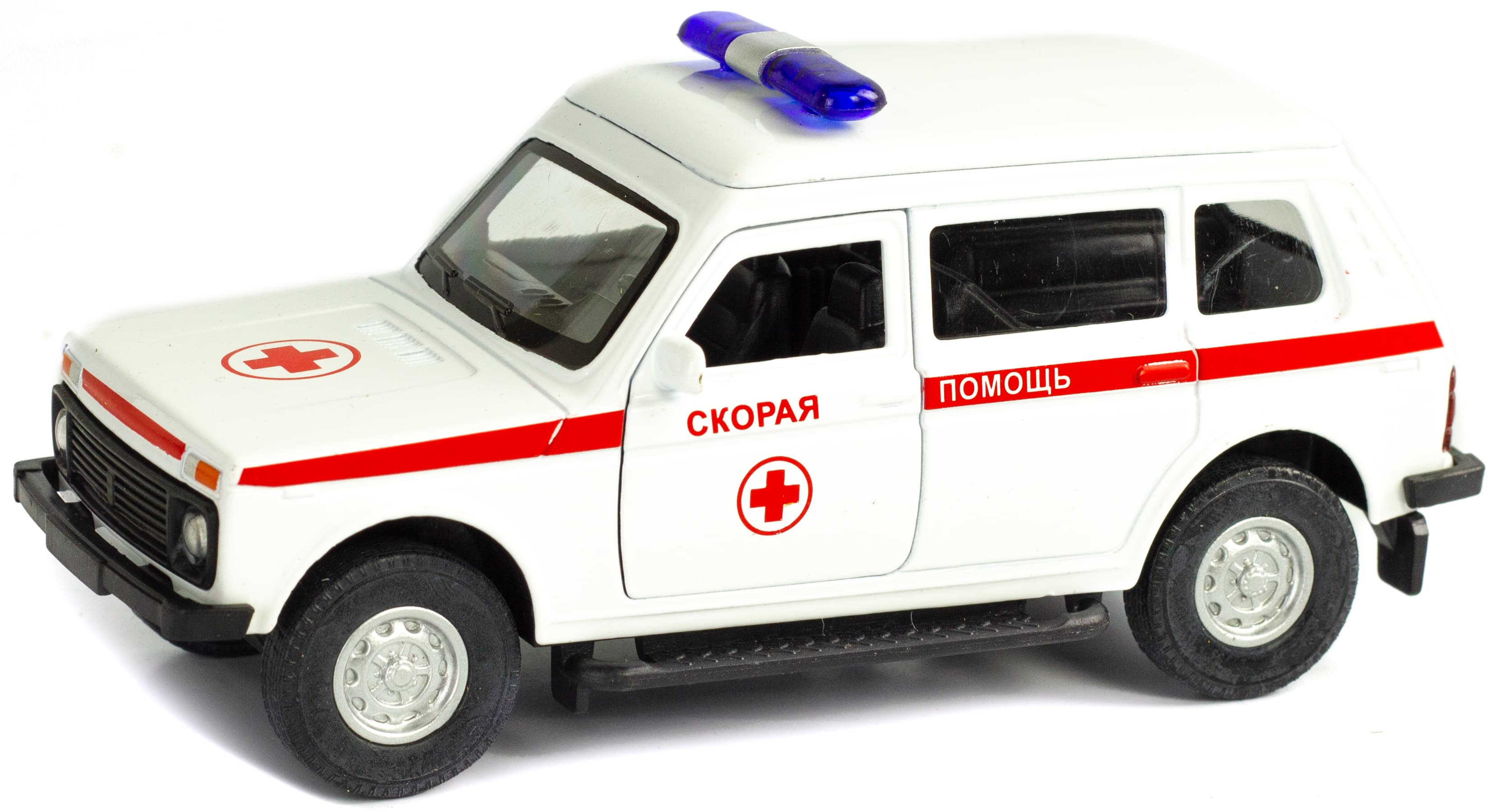 Металлическая машинка 1:32 «Нива. Экстренные службы» свет, звук, двери открываются А1813Р-12D / Скорая помощь