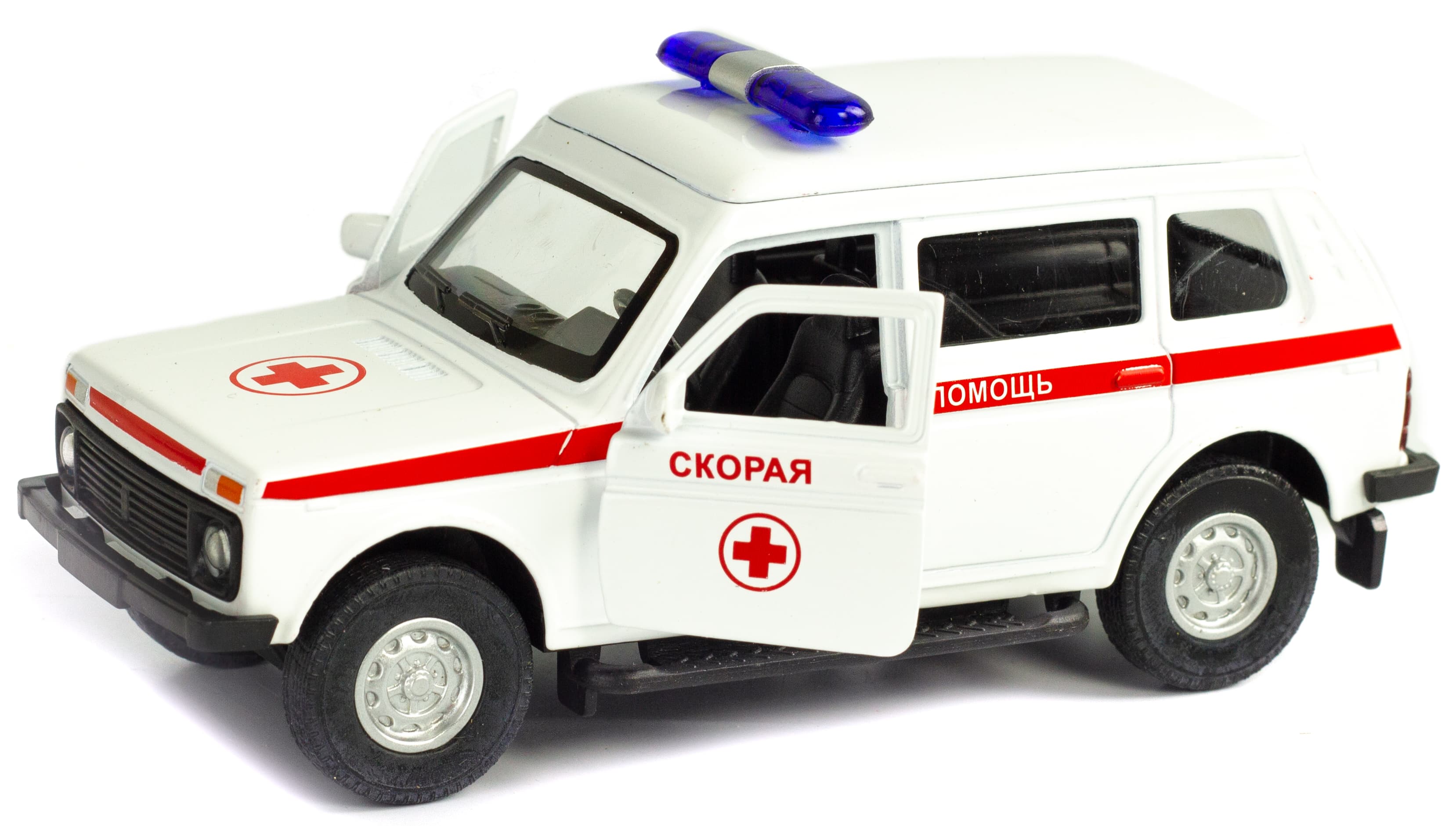 Металлическая машинка 1:32 «Нива. Экстренные службы» свет, звук, двери открываются А1813Р-12D / Скорая помощь
