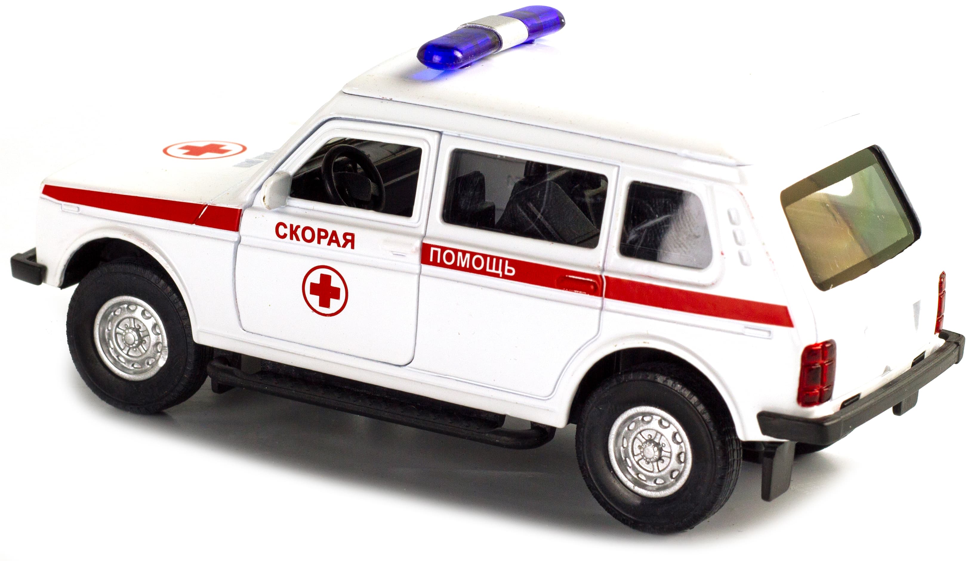 Металлическая машинка 1:32 «Нива. Экстренные службы» свет, звук, двери открываются А1813Р-12D / Скорая помощь