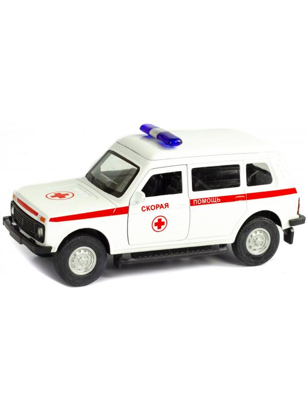 Металлическая машинка 1:32 «Нива. Экстренные службы» свет, звук, двери открываются А1813Р-12D / Скорая помощь
