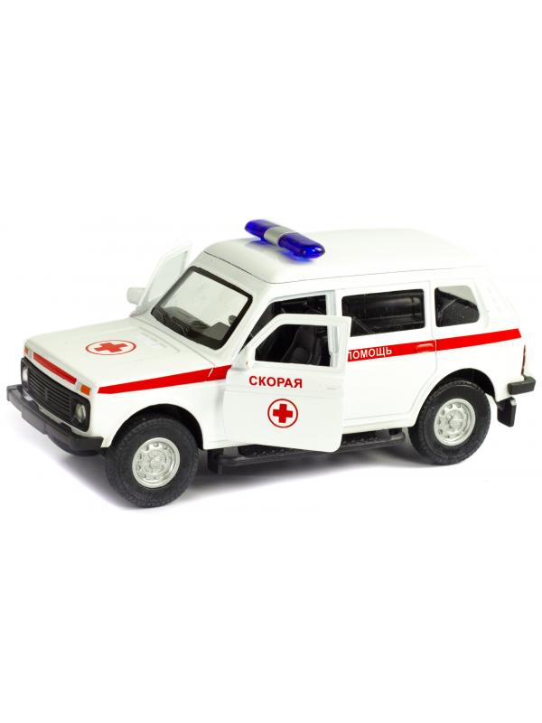 Металлическая машинка 1:32 «Нива. Экстренные службы» свет, звук, двери открываются А1813Р-12D / Скорая помощь