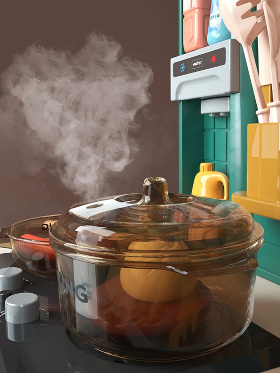 Интерактивная детская кухня 65 см с водой, паром, светом, звуком 858A / 35 предметов