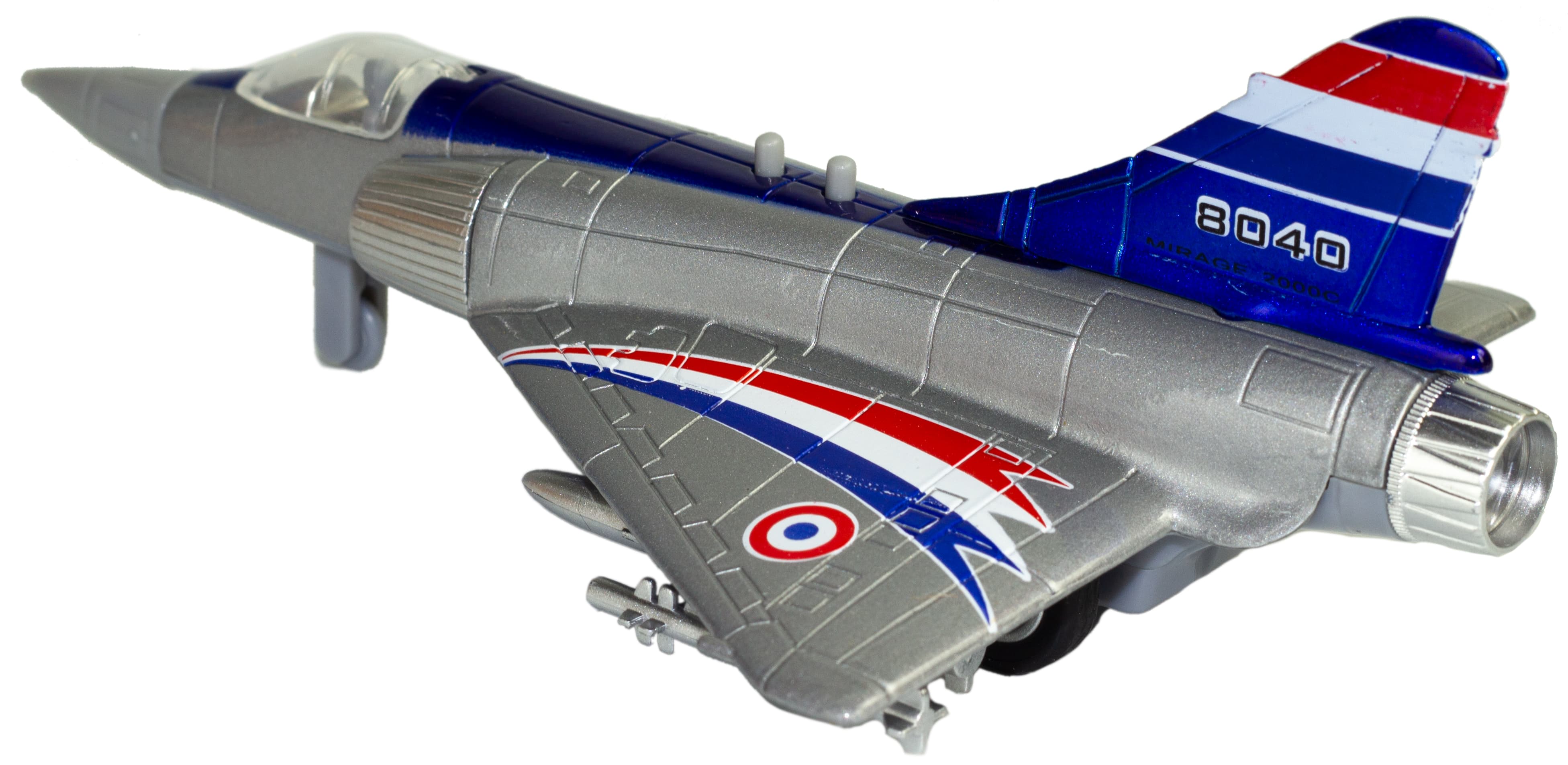 Металлический военный самолет «Sonic Mirage» 19.5 см. 8040, инерционный, свет, звук / Серебристо-синий