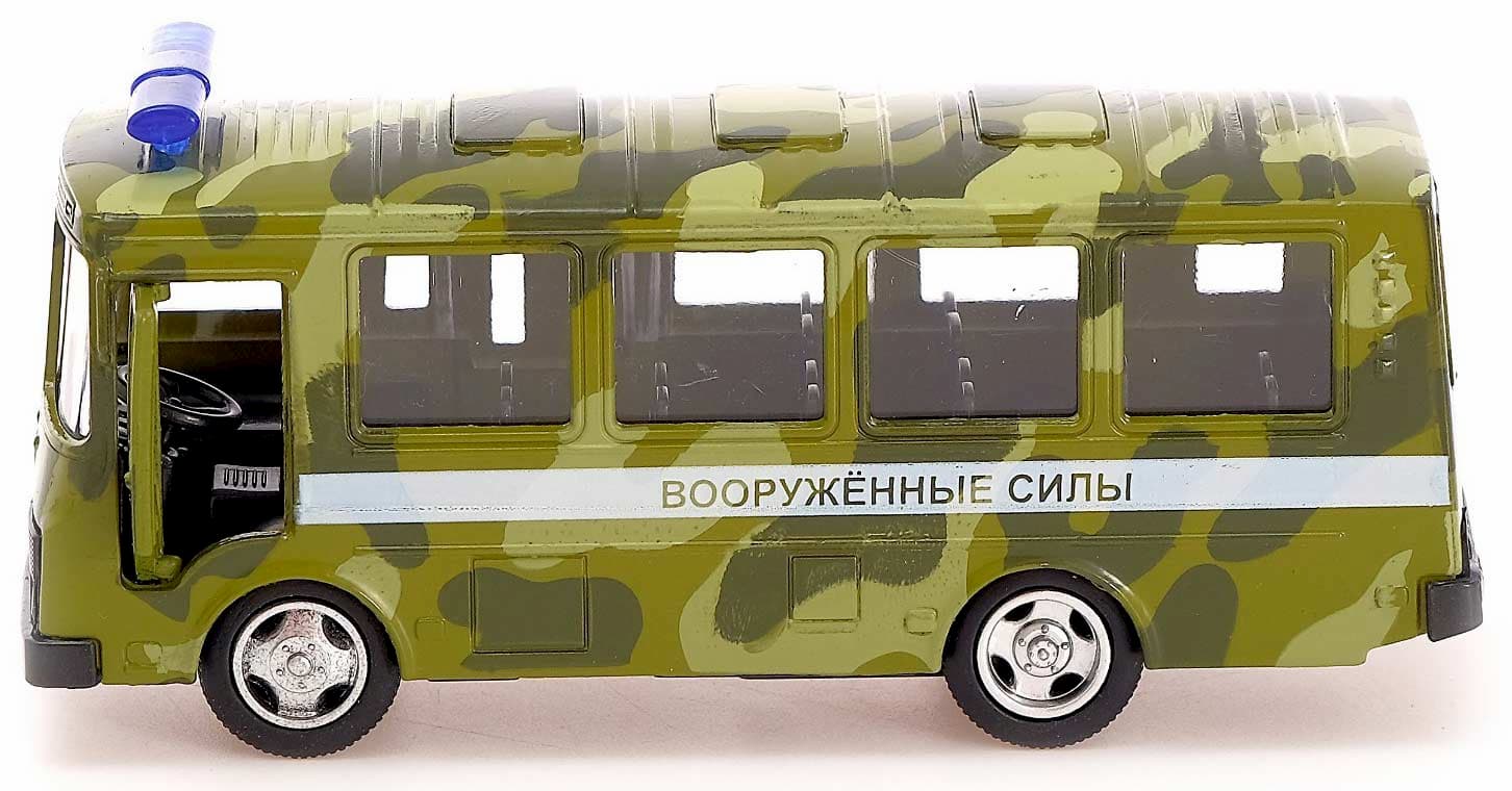 Металлическая машинка Play Smart 1:52 «Автобус ПАЗ. Военный» 6563 автопарк, инерционная / Зеленый