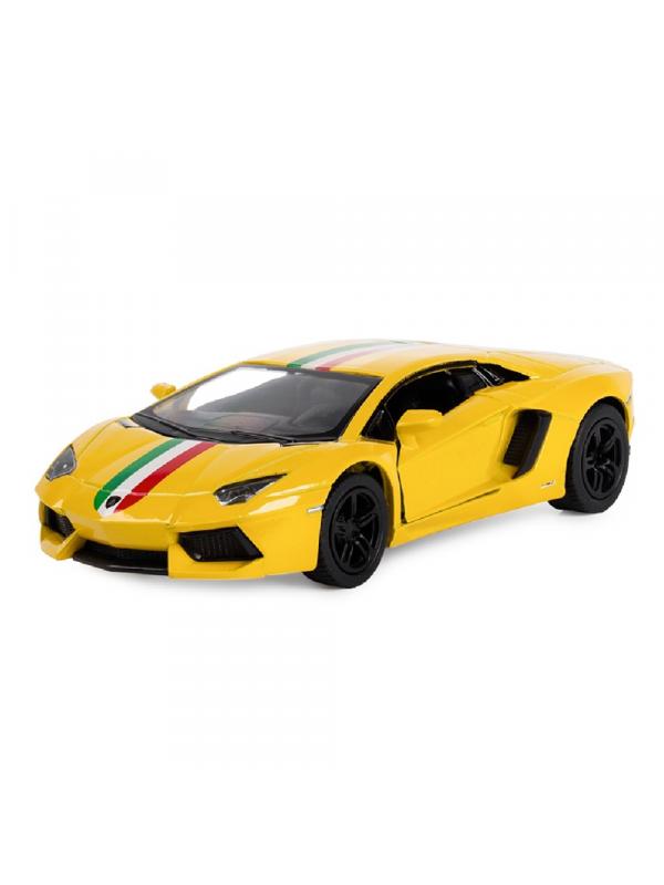Металлическая машинка Kinsmart 1:38 «Lamborghini Aventador LP 700-4 с принтом» KT5355DF, инерционная / Желтый
