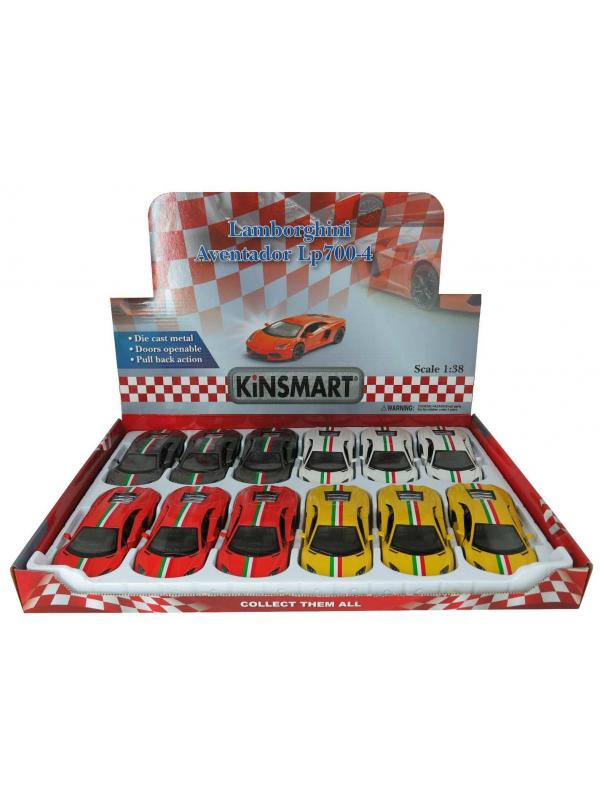 Металлическая машинка Kinsmart 1:38 «Lamborghini Aventador LP 700-4 с принтом» KT5355DF, инерционная / Желтый