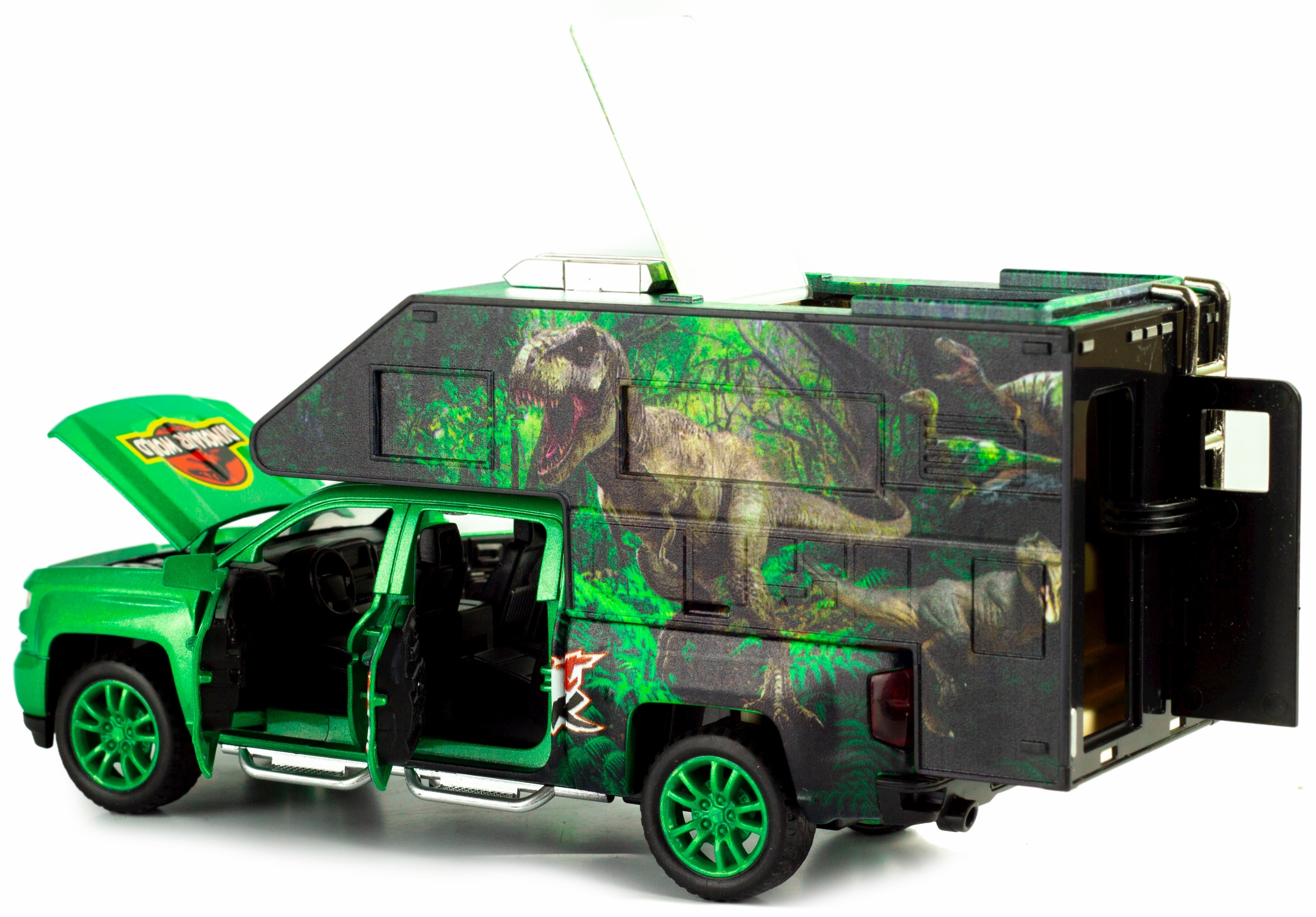 Металлическая машинка Che Zhi 1:32 «Chevrolet Silverado Crew III Dinosaur world» CZ21A, инерционная, свет, звук, с динозавром внутри / Микс