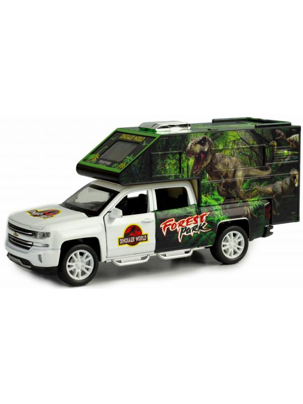 Металлическая машинка Che Zhi 1:32 «Chevrolet Silverado Crew III Dinosaur world» CZ21A, инерционная, свет, звук, с динозавром внутри / Микс