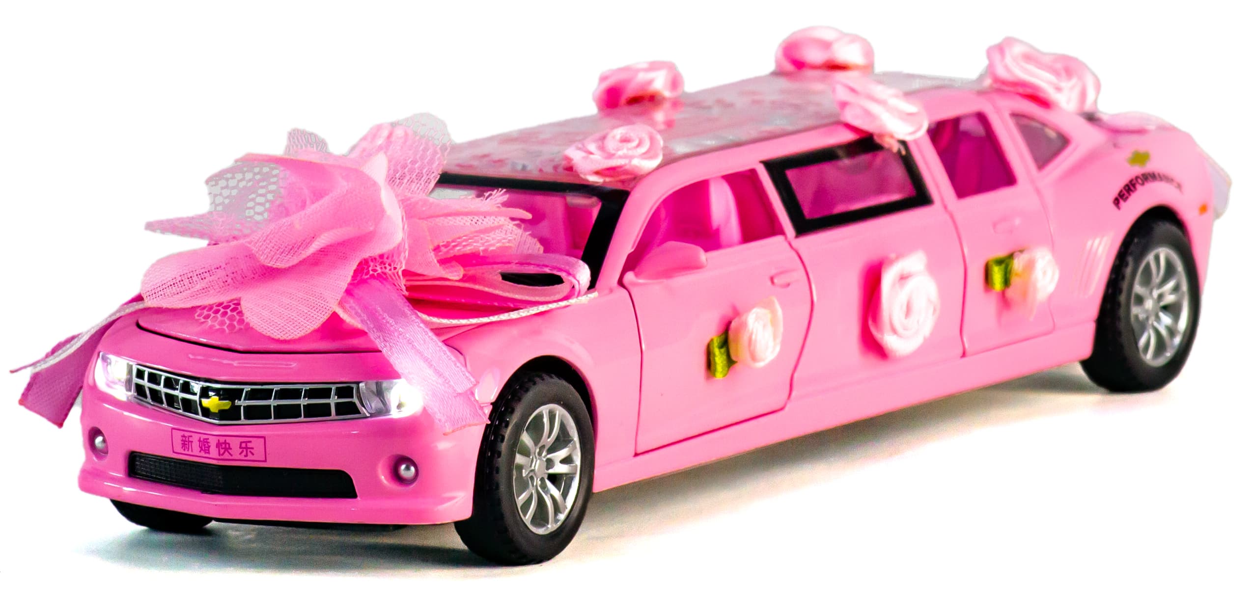 Металлическая машинка Che Zhi 1:32 «Chevrolet Camaro: Свадебный лимузин» CZ101, 23 см., инерционная, свет, звук / Розовый