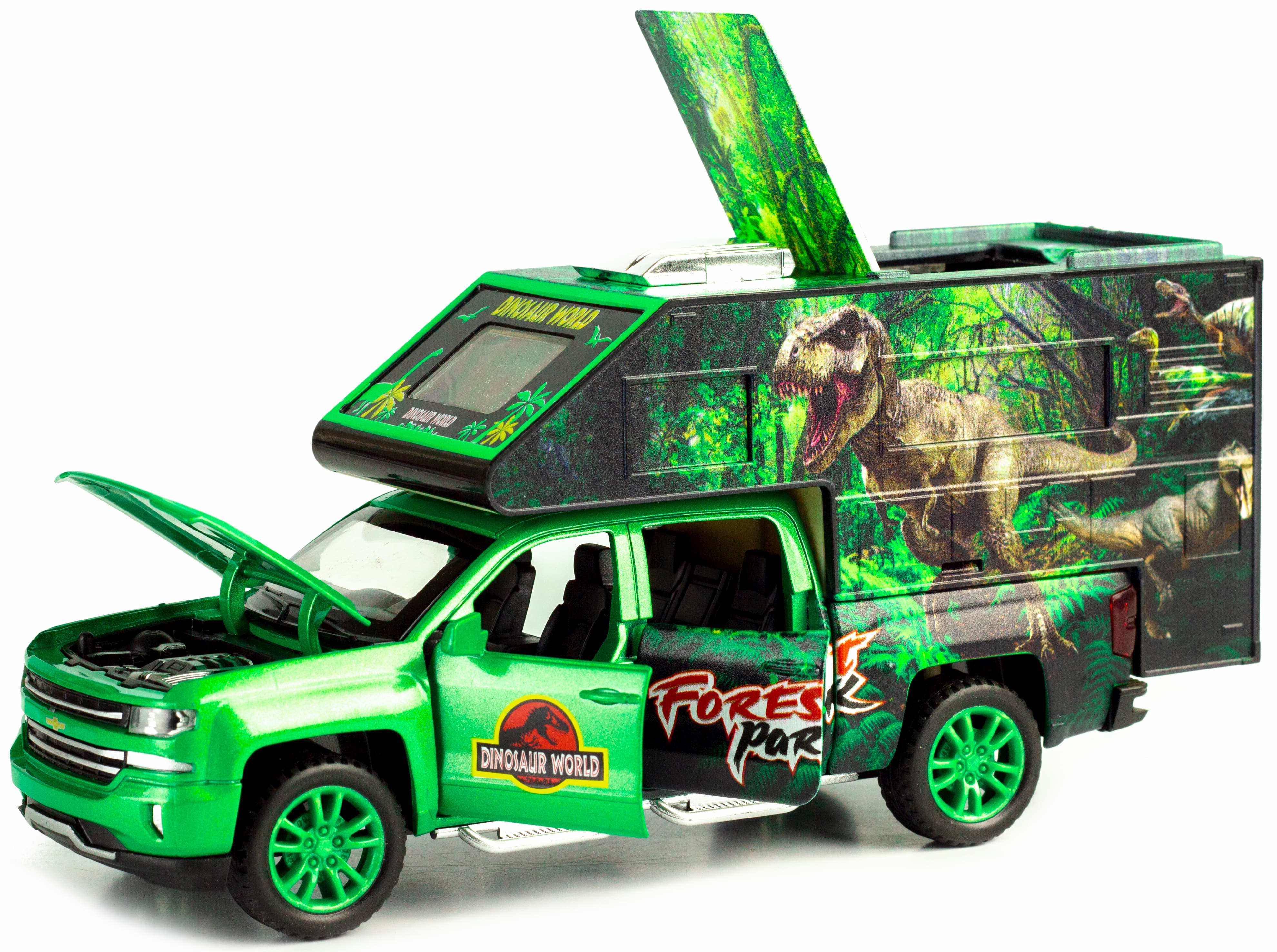 Металлическая машинка Che Zhi 1:32 «Chevrolet Silverado Crew III Dinosaur world» CZ21A, инерционная, свет, звук, с динозавром внутри / Зеленый