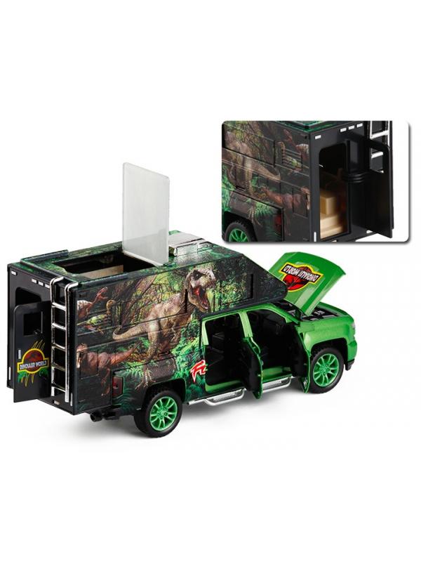 Металлическая машинка Che Zhi 1:32 «Chevrolet Silverado Crew III Dinosaur world» CZ21A, инерционная, свет, звук, с динозавром внутри / Зеленый