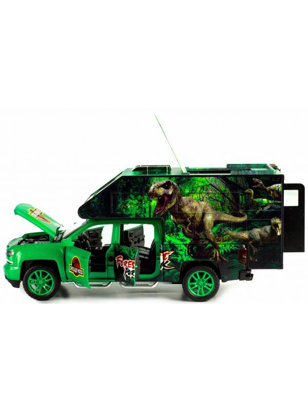 Металлическая машинка Che Zhi 1:32 «Chevrolet Silverado Crew III Dinosaur world» CZ21A, инерционная, свет, звук, с динозавром внутри / Зеленый