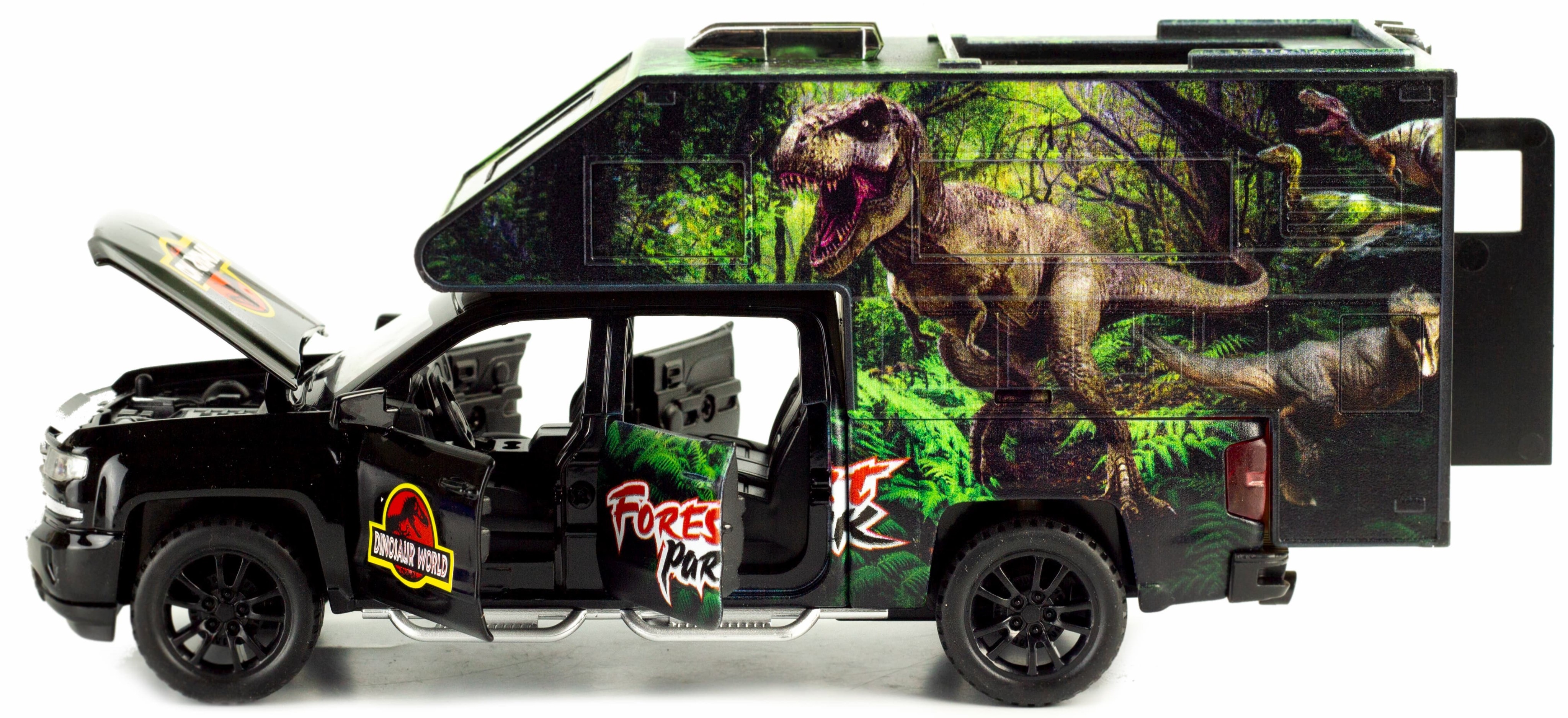 Металлическая машинка Che Zhi 1:32 «Chevrolet Silverado Crew III Dinosaur world» CZ21A, инерционная, свет, звук, с динозавром внутри / Черный