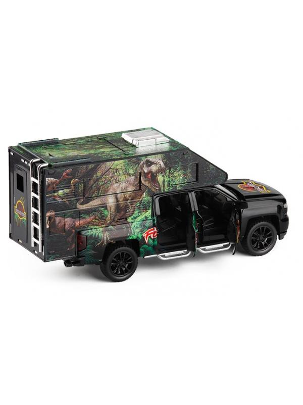 Металлическая машинка Che Zhi 1:32 «Chevrolet Silverado Crew III Dinosaur world» CZ21A, инерционная, свет, звук, с динозавром внутри / Черный