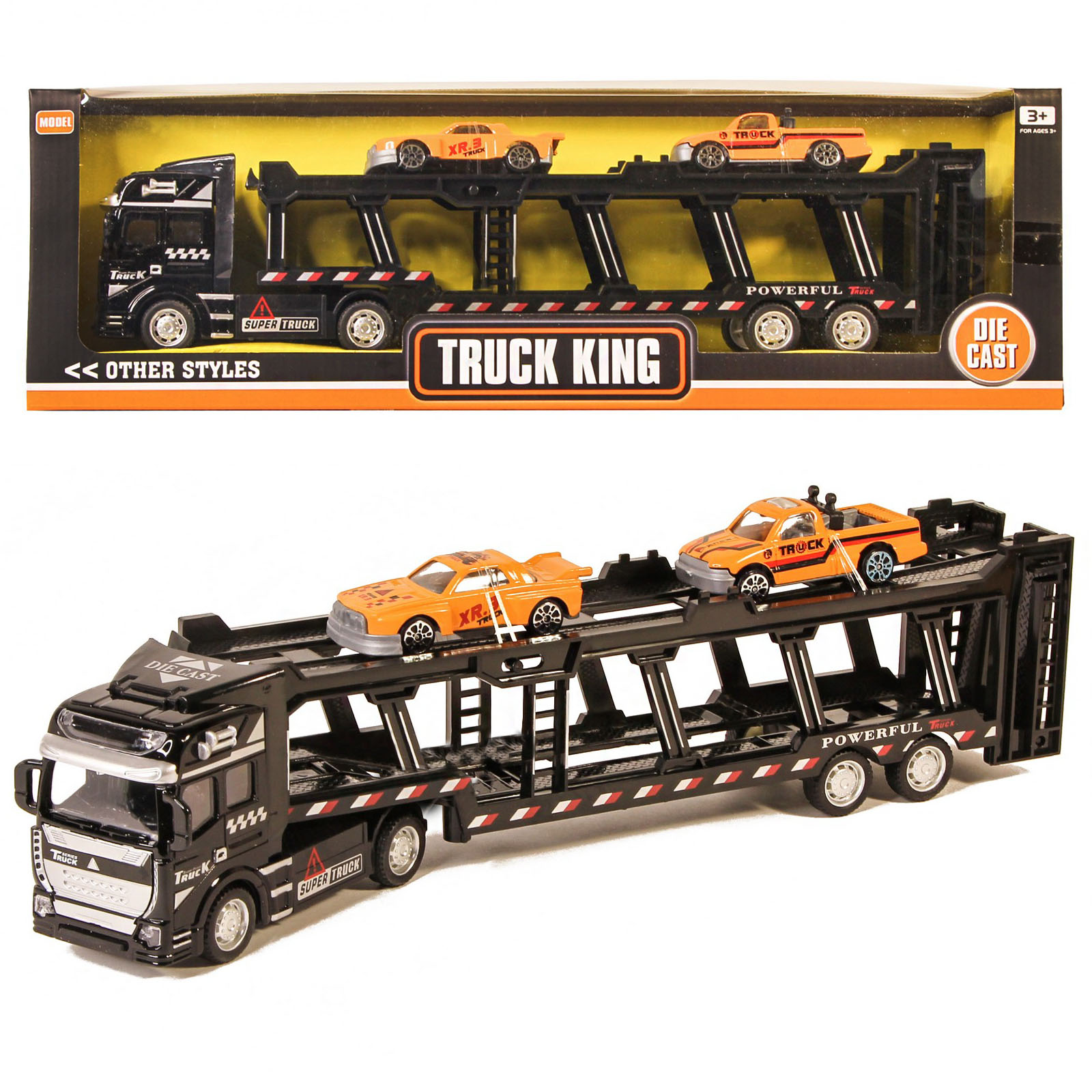 Металлическая машинка Die Cast «Трейлер-Автовоз» c машинками 2212-9, 32 см., инерция / Микс