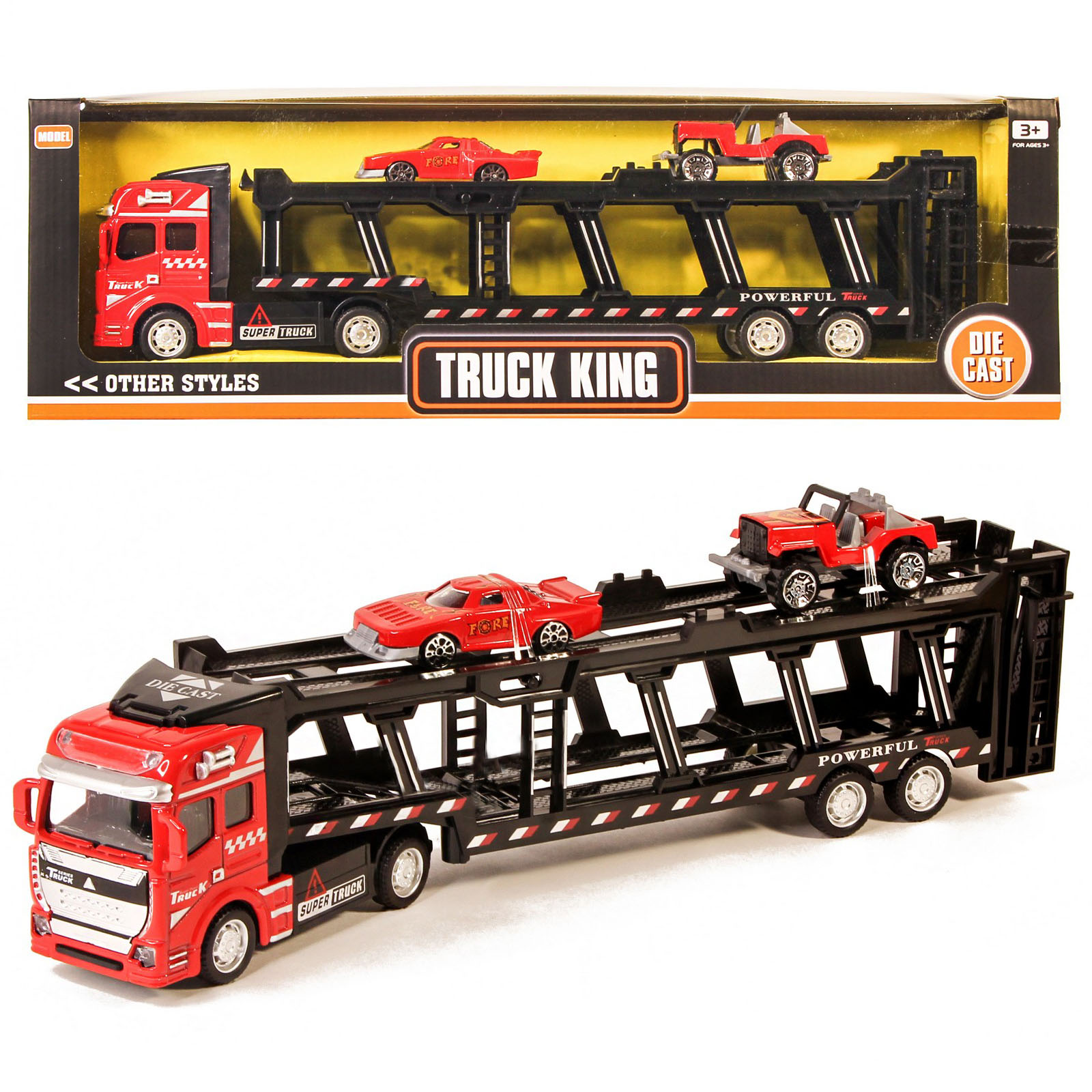 Металлическая машинка Die Cast «Трейлер-Автовоз» c машинками 2212-9, 32 см., инерция / Микс